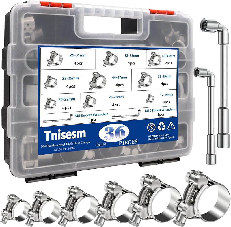 Kit de Abraçadeiras T-Bolt Tnisesm em Aço Inoxidável 304 de 17 a 47 mm com Soquetes M8 e M10 – 36 Peças