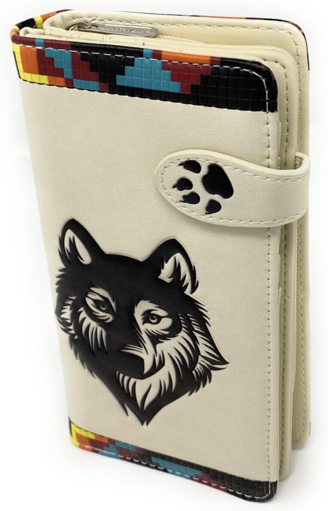 Shag WearNative Wolf Large Animal Wallet for Women and Teen Girls Vegan Faux Leather 7" Beige