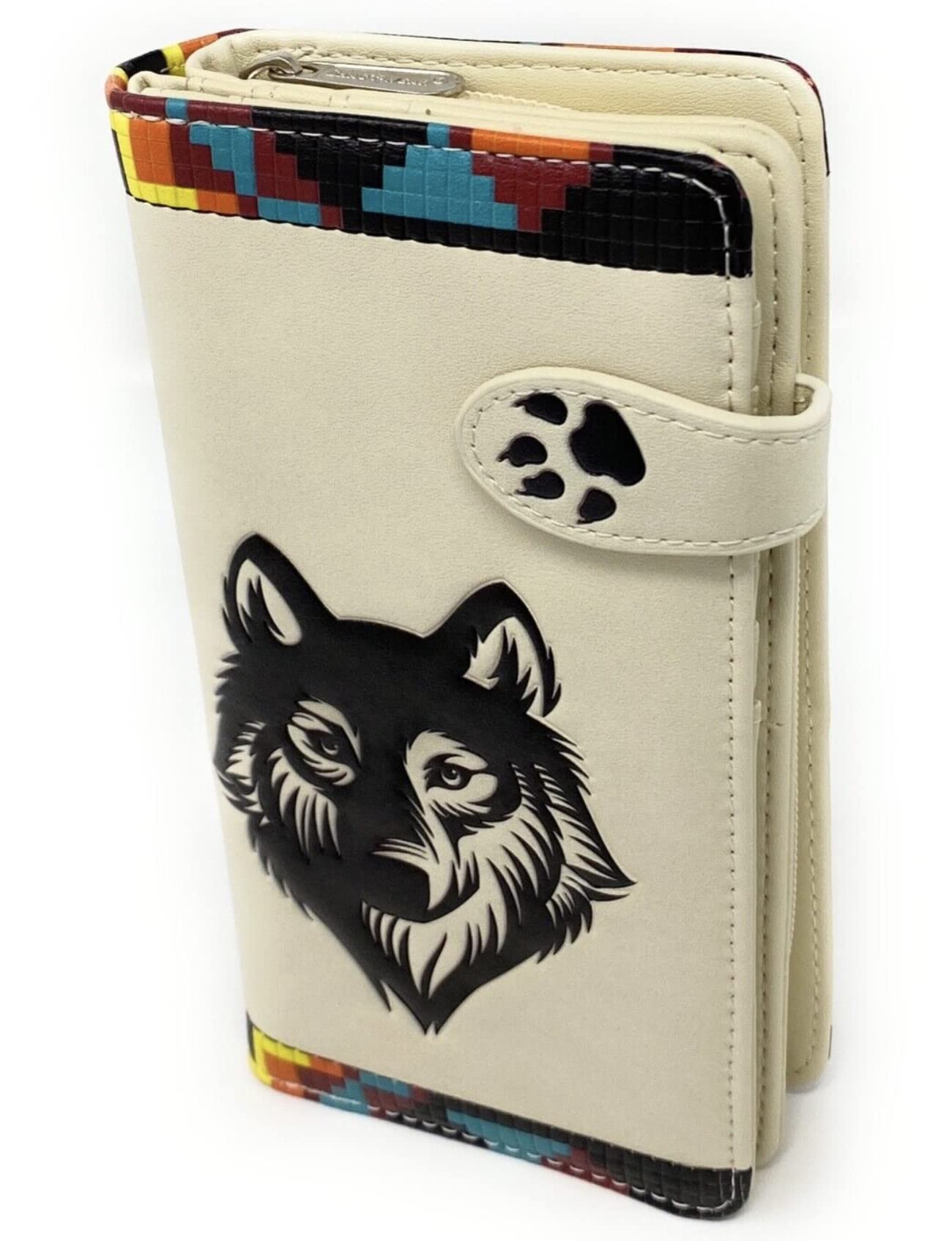 Shag WearNative Wolf Large Animal Wallet for Women and Teen Girls Vegan Faux Leather 7" Beige