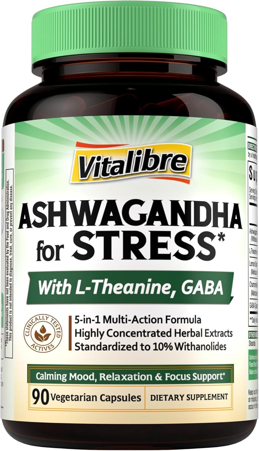 Ashwagandha Supplement for Women Men, 20:1 Ashwagandha Extract Plus L-Theanine, GABA, Lemon Balm & More, Extra Strength, High Absorption, Calming Mood & Focus, 90 Vegan Capsules, Non-GMO