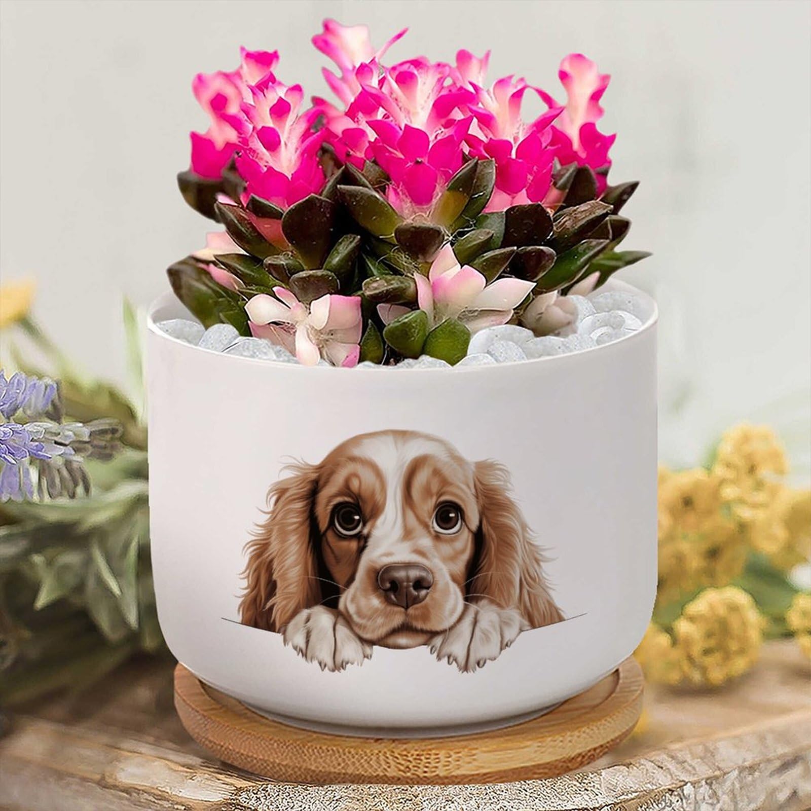 Yelolyio American Cocker Spaniel Planters Ceramic Dog Lover Gift Round Flower Pots with Drainage Holes And Bamboo Tray Plant Pot for Outdoor Indoor Plants House Warming Gifts