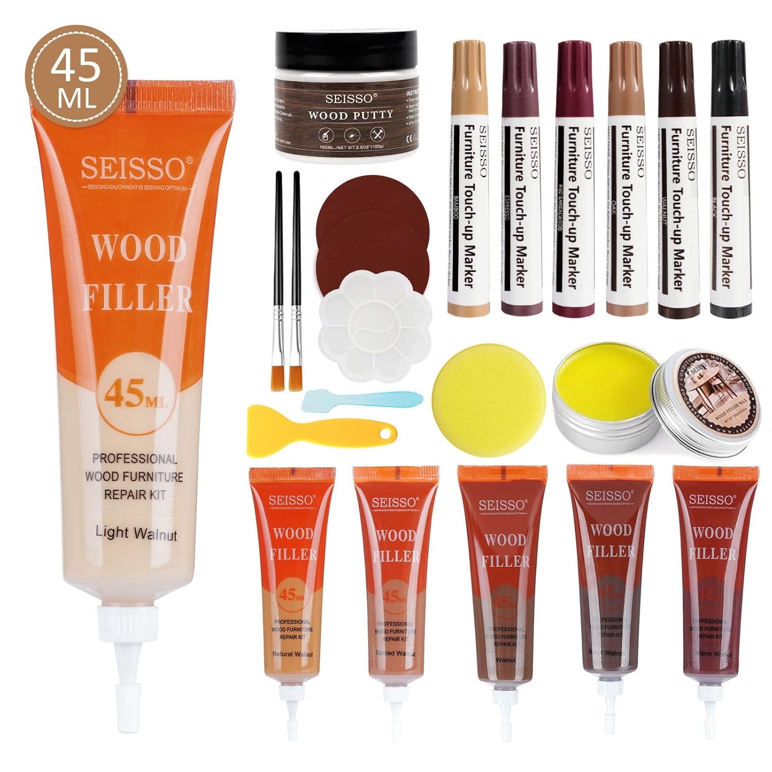 SEISSO 45 ml laminate repair kit, 22 pieces furniture repair kit, wood repair pen set, furniture repair kit set for scratches, cracks, stains, holes, cabinet, stairs, etc