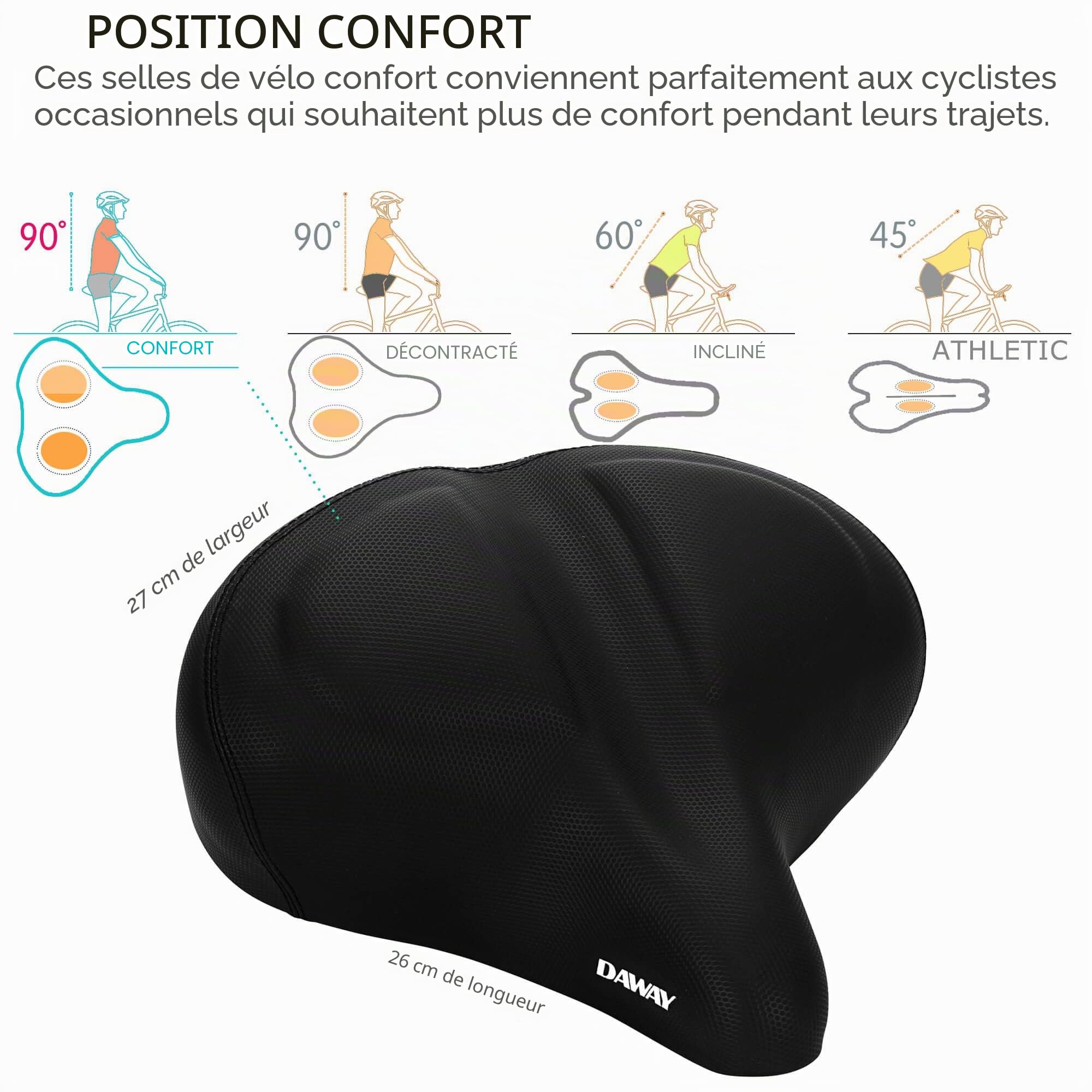 DAWAY C40 Siège de vélo surdimensionné Confortable - Compatible avec Les vélos Peloton, d'exercice, de Montagne ou de Route, Remplacement de Selle de vélo Extra Large pour Homme Femme Confort