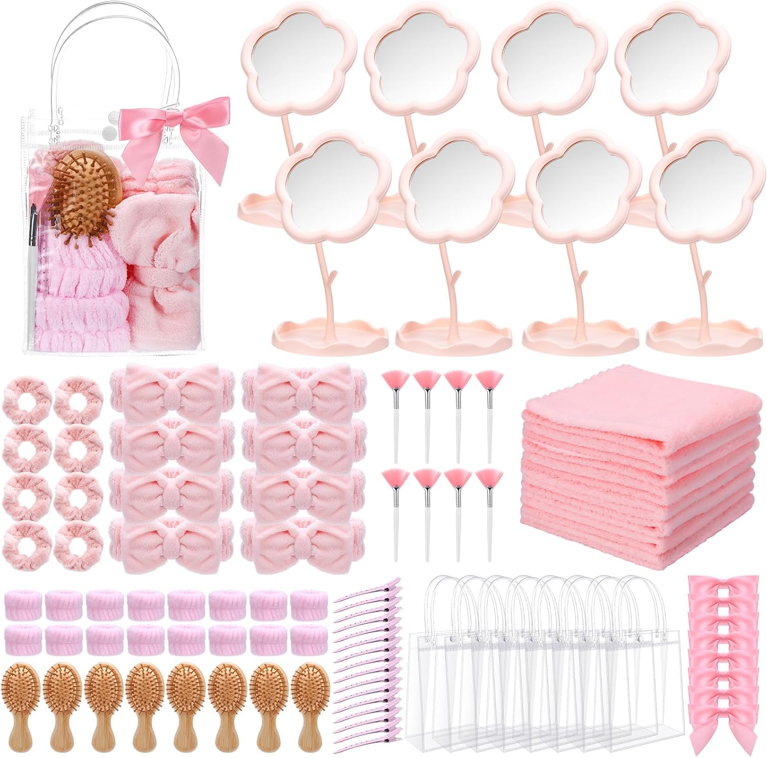 Honeydak 96 Pcs Spa Party Supplies 8 Sets Sleepover Party Gift with Wooden Hair Brush Mirror Headband Wristbands Hairpin Scrunchies Face Towel Makeup Brushes Cosmetic Bags for Spa Sleepover Birthday