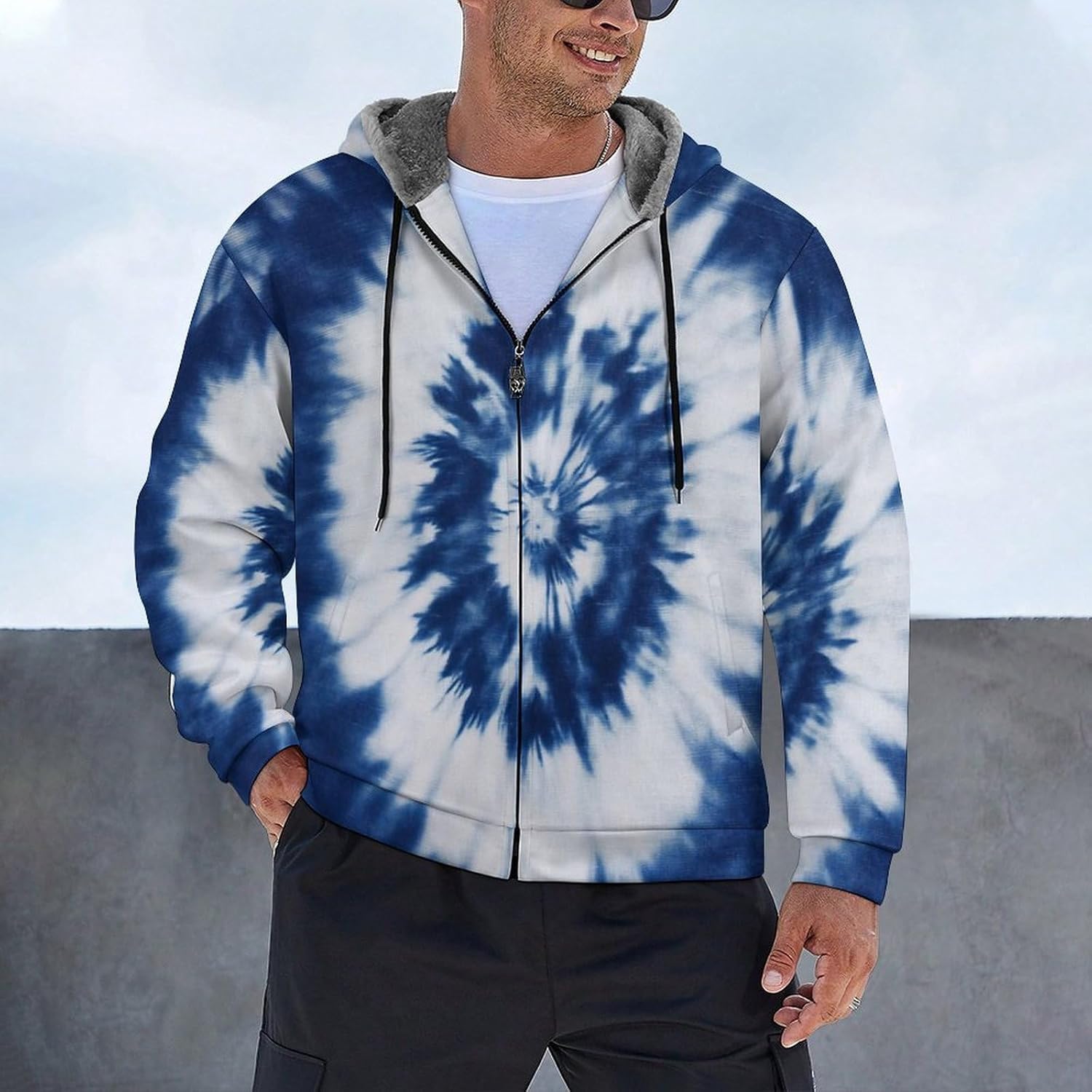 Hooded Jacket–Fleece-Lined Soft Shell for Active Cold Weather Hunting,3D tie-dye,Comfortable Casual Outerwear