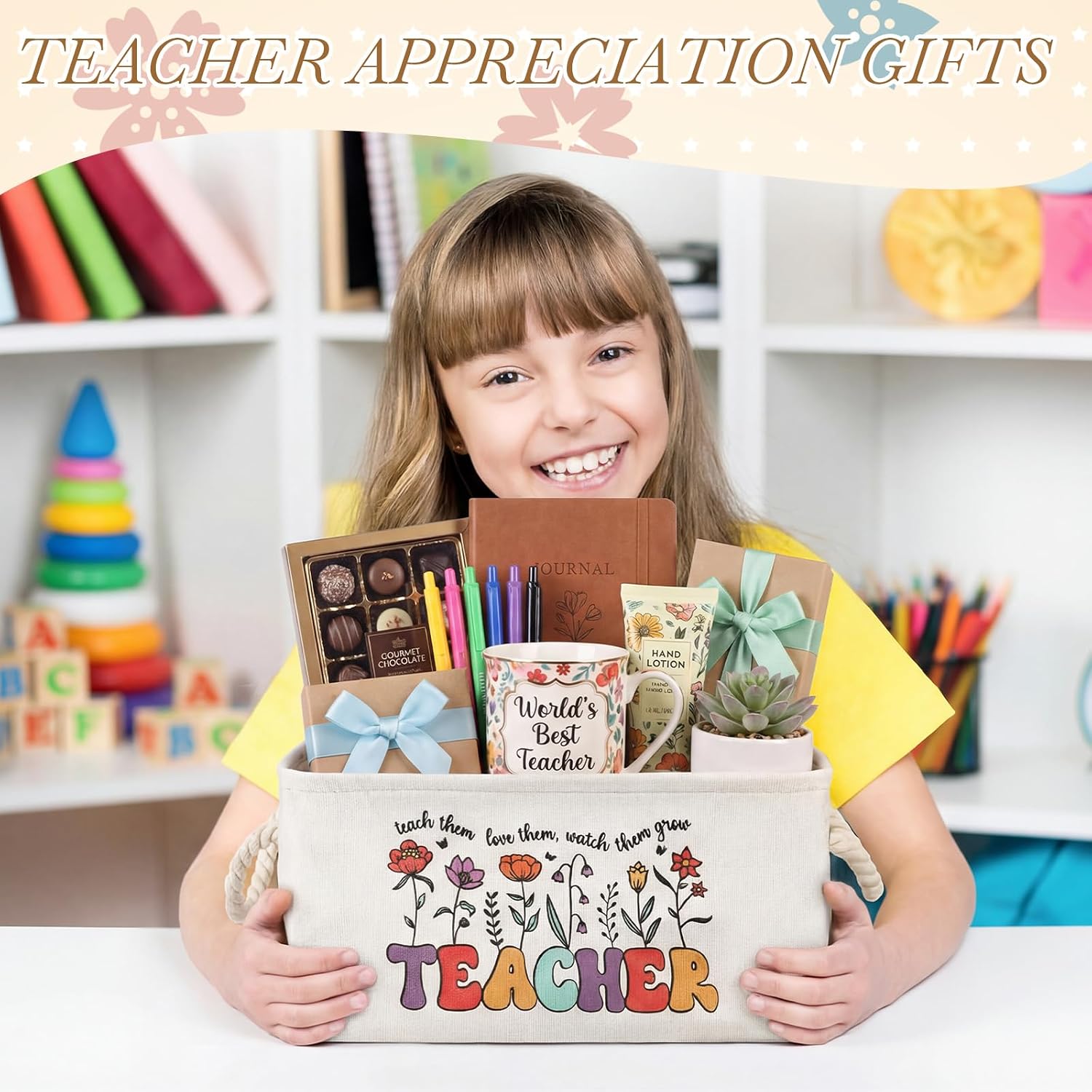 Marsui 1 Pcs Teacher Gifts Basket Teacher Book Storage Bin, White Brown image 5