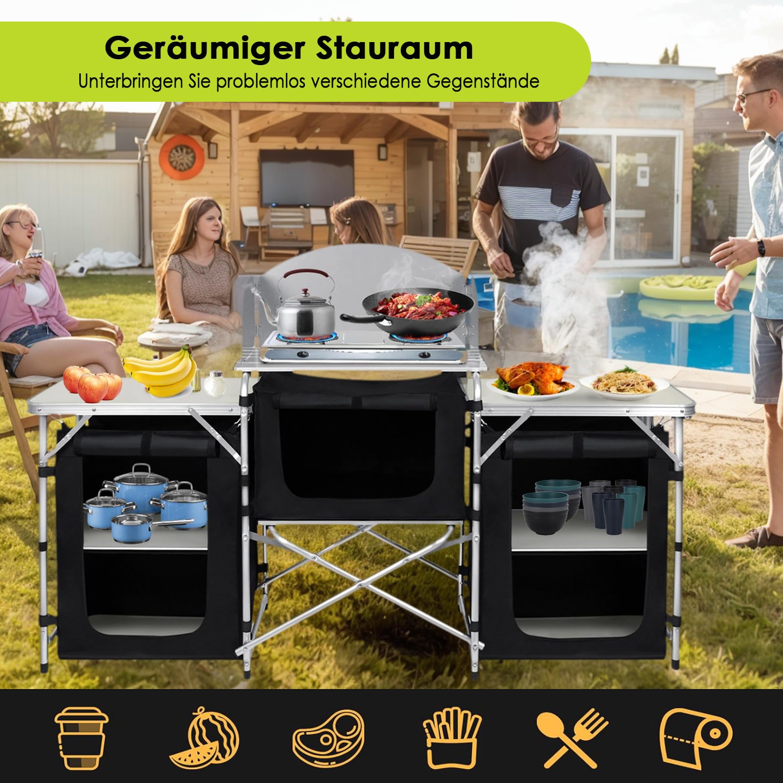 Campingküche Faltbar Campingschrank Einstellbar Campingtisch Reiseküche mit Aluminiumgestell Camping küche Zeltschrank Outdoor Küchenbox Campingregal inkl. Tragetasche (174 x 52x 110cm)
