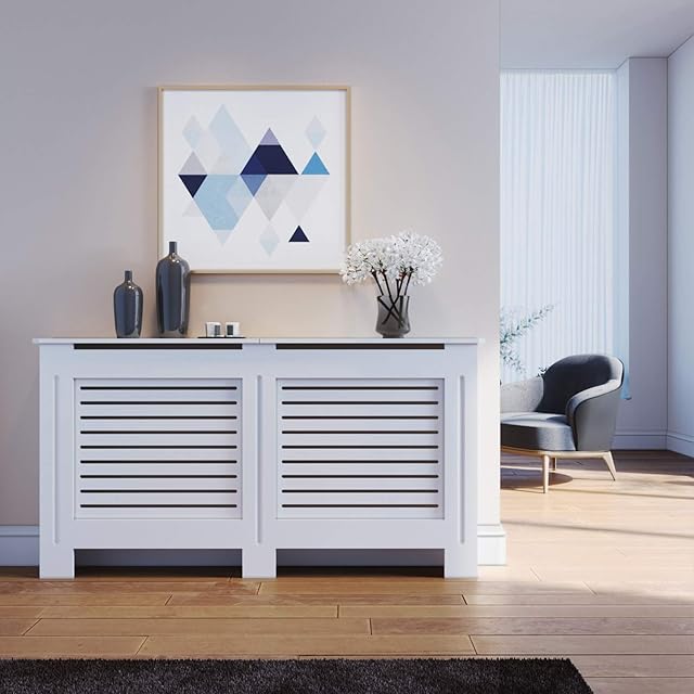 ELEGANT Radiator Cover Large Modern Horizontal Slat White Painted Cabinet Radiator Shelve for Living Room/Bedroom/Kitchen, LARGE