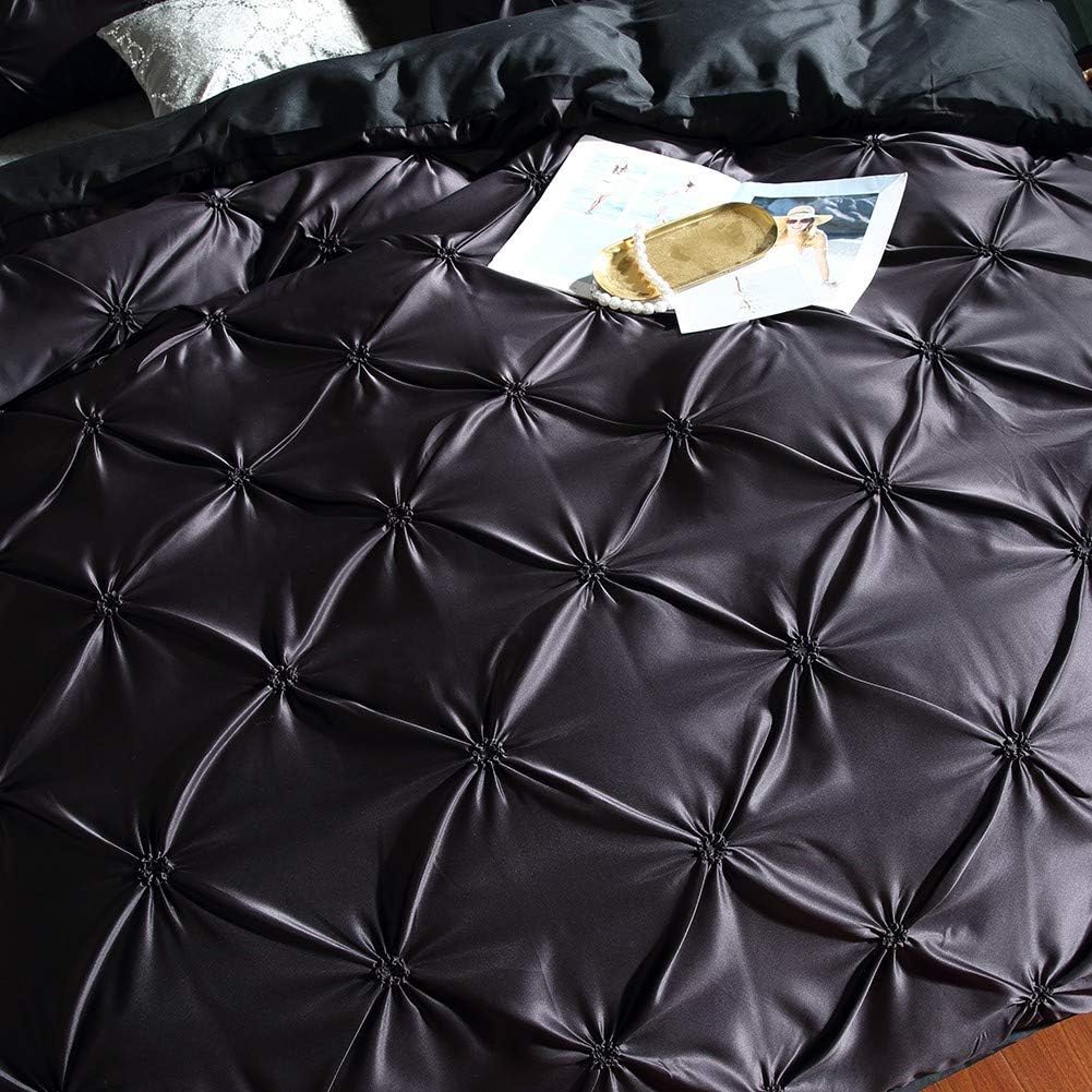Black Pinch Pleated Duvet Cover Set Oversized King Size Silk Like Satin Pin Tuck Duvet Bedding Set with 600 TC Zipper & Corner Ties Pin Tuck Ruffle Flower Design Duvet Covers(1 PC)