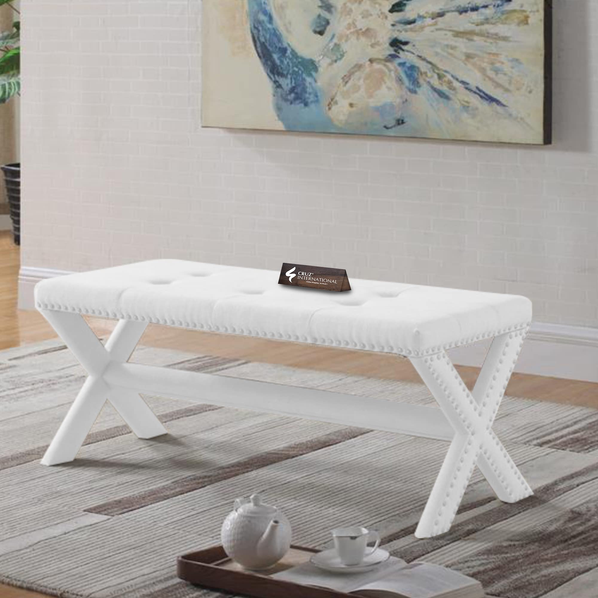 CRUZ INTERNATIONAL - online shopping-be ready ! Turkish 2-Seater Upholstered Ottoman Settee Couch Bench Pouffe Footstool - Stool for Living Room, Bedroom, or Office (40 Inch-Off White)-image-27