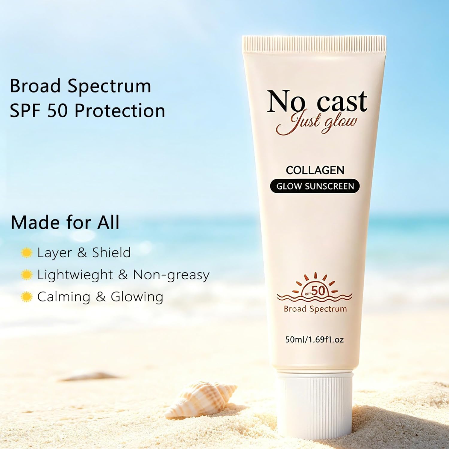 2026 NEW No Cast Just Glow Collagen Sunscreen | SPF 50 Broad Spectrum Face Sunscreen | Lightweight, Non-Sticky, Hydrating Formula | Peptide, Cica for Soothing & Glow | Korean Skincare