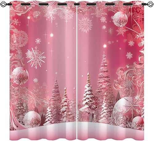 Cortinas opacas de Navidad de ensueño para niñas y niños, decoración del hogar, copos de nieve rosados, bolas de árbol de Navidad, cortinas con