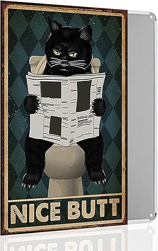 Vintage Black Cat Wall Sign, Funny Cat Read Newspapers Nice Butt Black Cats Metal Sign for Bathroom Retro Cat Metal Tin Sign, Funny Cat Poster Wall