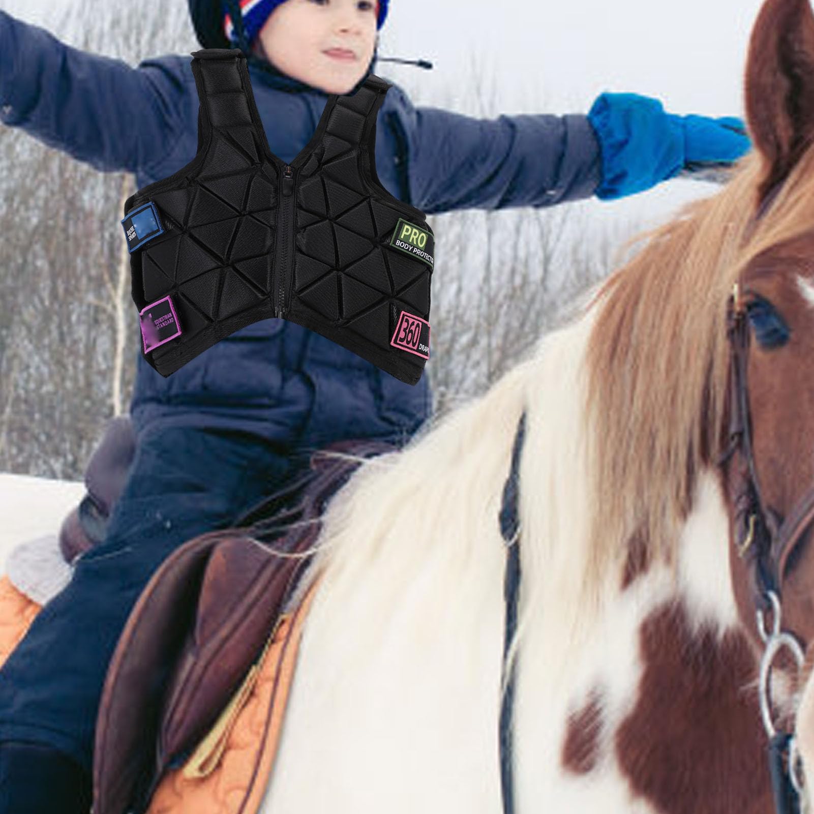 Asixxsix Chaleco de equitación con absorción de impactos, fácil de poner, forro transpirable, libertad de movimiento, comodidad, protector corporal flexible para niños y niñas.