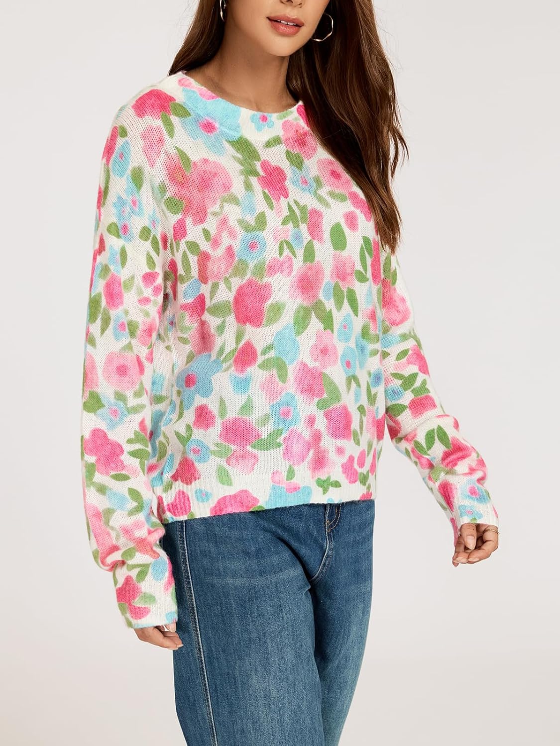 Women's Floral Print Sweaters Oversized Lightweight Wool Sweater Fall Knitted Pullover Tops Trendy - Image 4