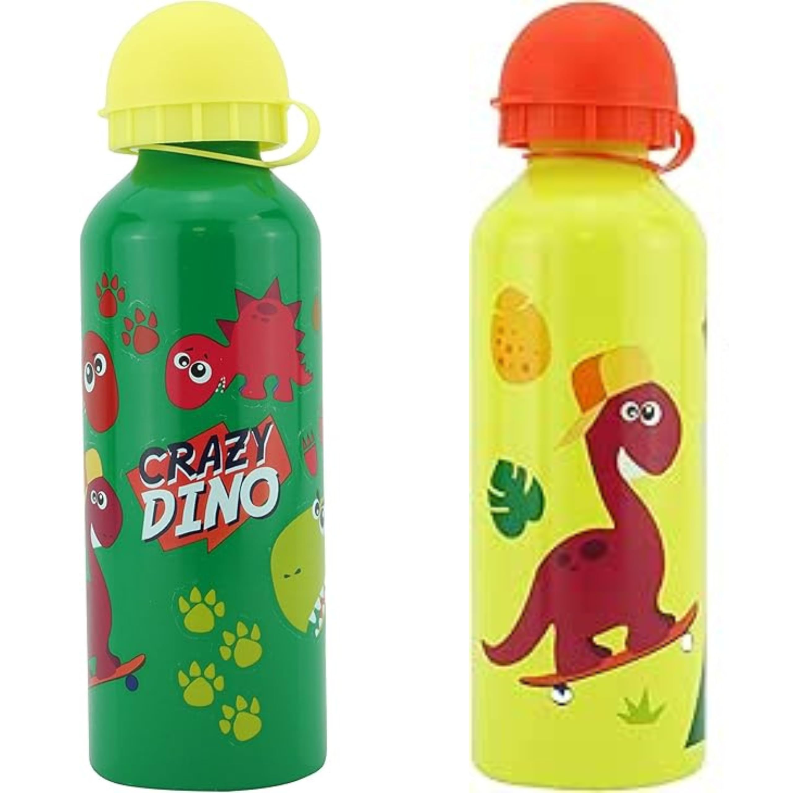 500ml Crazy Dino Kids Water Bottles – Green & Yellow Aluminium Flasks – Leakproof, BPA-Free, Lightweight & Durable – Reusable Eco-Friendly Bottles for School, Sports, Travel, Hiking, Camping & Outdoor