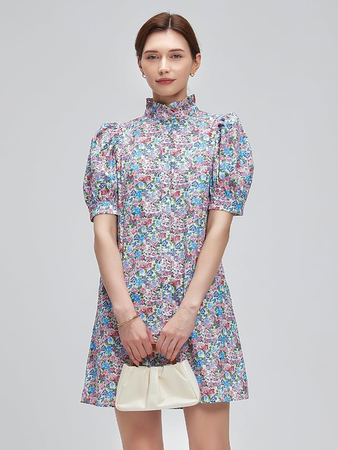 Women Summer Floral Mini Dress Ruffle Neck Puffer Sleeve Boho Beach Shift Dresses - Image 3