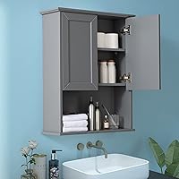 Vista 13 de Armario de pared de baño negro de 23 x 29 pulgadas, botiquín de madera con 2 puertas y estante ajustable, armario montado en la pared sobre inodoro