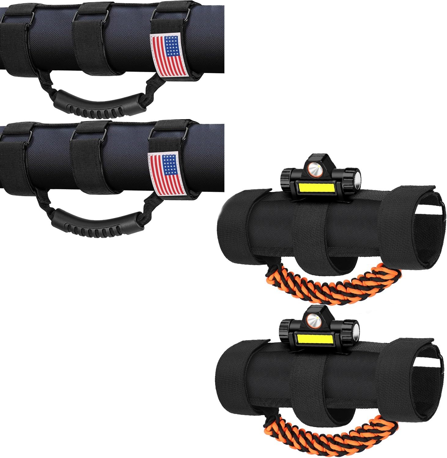 moveland 2 x Roll Bar Grab Handles with Light + Roll Bar Grab Handles with US Flag for Jeep Wrangler CJ YJ JK JL Gladiator JT UTV Polaris RZR 2.0”-4.0” Roll Cage - Rechargeable Dome Light