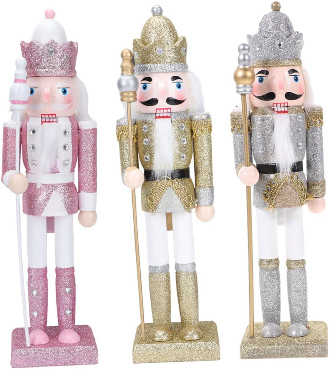PRETYZOOM 3pcs Wood Nutcracker Figurines Set Glitter Silver Gold Pink Decorative Holiday Nutcrackers Christmas Table Decor