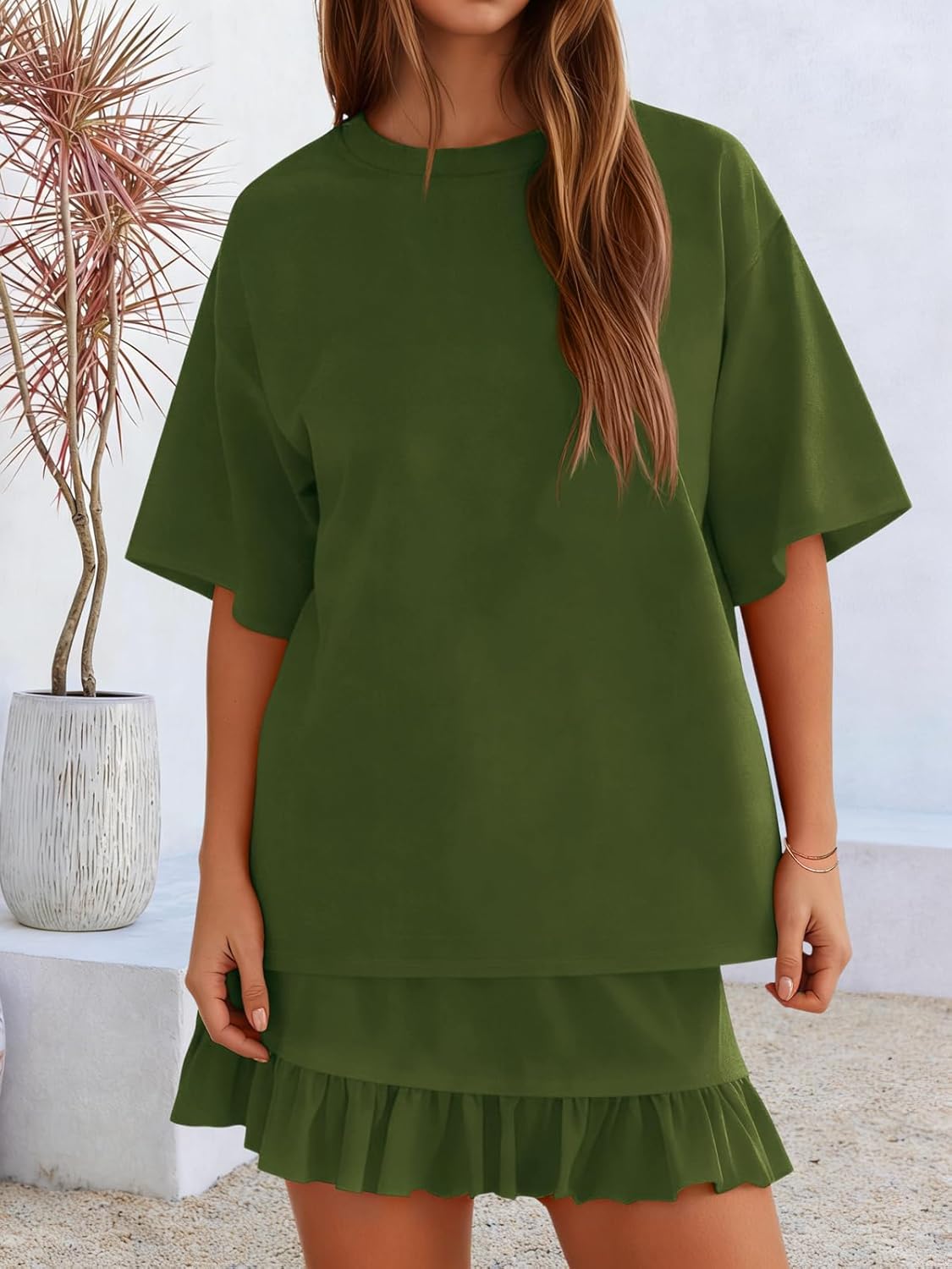 Yousify 2 Piece Skirt Set for Women Summer Vacation Outfits Short Sleeve Crewneck Tops and Casual Mini Skirt Lounge Sets - Image 2