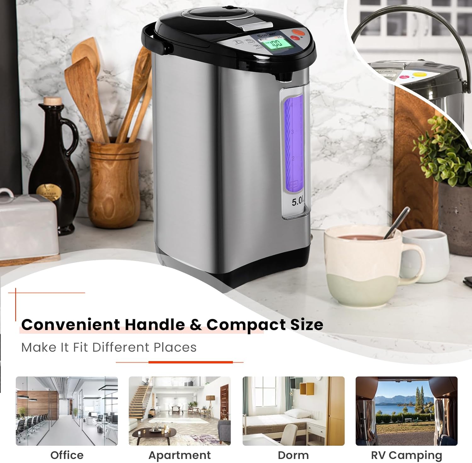 KOTEK Electric Hot Water Boiler and Warmer, Hot Water Dispenser, Stainless Steel Water Boiler w/5 Stage Temperature Settings, Safety Lock, Electric Hot Water Pot, 5-Liter