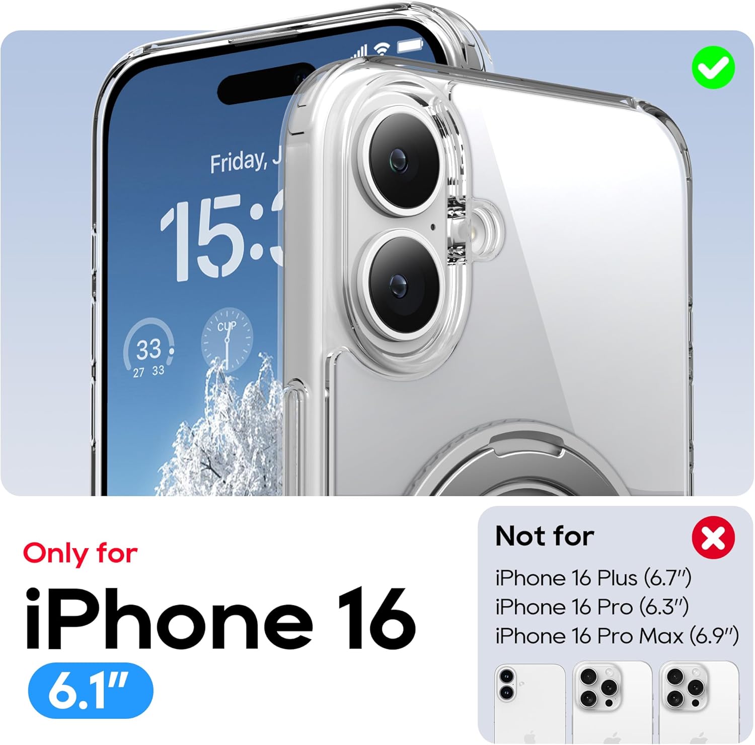 for iPhone 16 Case 6.1-Inch with Magnetic 360° Ring Stand Compatible with MagSafe Crystal Clear Shockproof Protective Phone Cover 6.1" 2024, Clear - Image 2