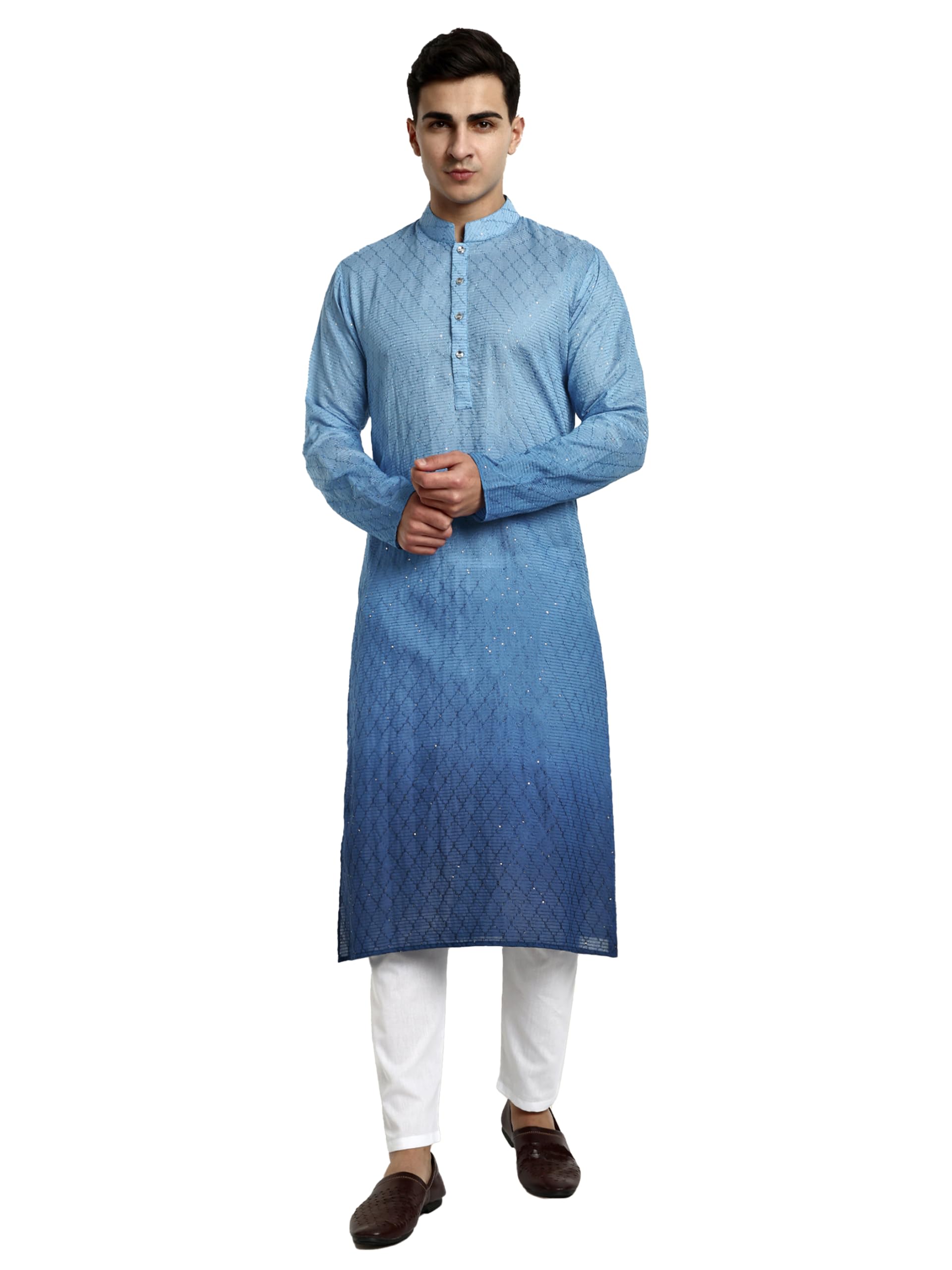Men's Cotton Chikankari Embroidered and Sequence Full Sleeve Knee Length Casual Kurta for All Occations Like Wedding, Office & Events (MK34_MK39)