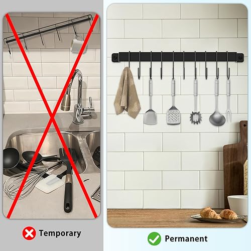 Miniatura 4 de Colgador de cocina montado en la pared con 10 ganchos, riel de cocina de hierro forjado, estante para utensilios, ollas colgantes, sartenes, taza de