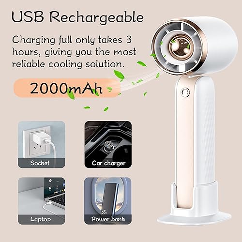 Miniatura 6 de NMM Ventilador de mano, mini ventilador turbo portátil recargable por USB con base, ventilador portátil ajustable de 3 velocidades con batería