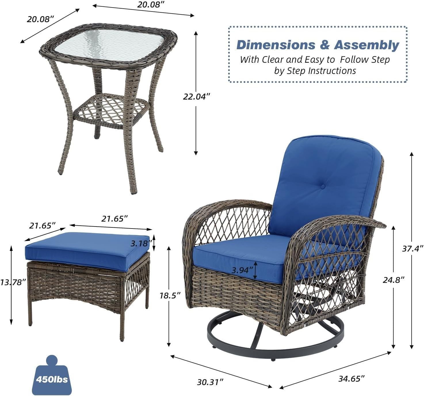 5 Pieces Patio Furniture Set Outdoor Swivel Rocker Patio Chairs with Ottomans Wicker Conversation Sets with Rocking Chair Thickened Cushions for Backyard Porch Balcony(Blue)