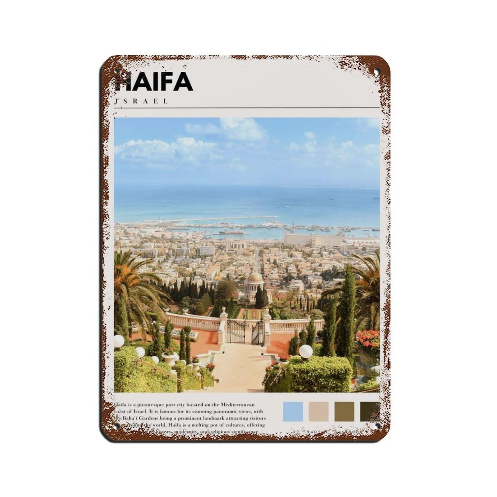 Haifa Israel Poster Israel Art Tin Sign Vintage Metal Pub Club Cafe Bar Home Wall Art Decoration Poster Retro 12x16inch(30x40cm)