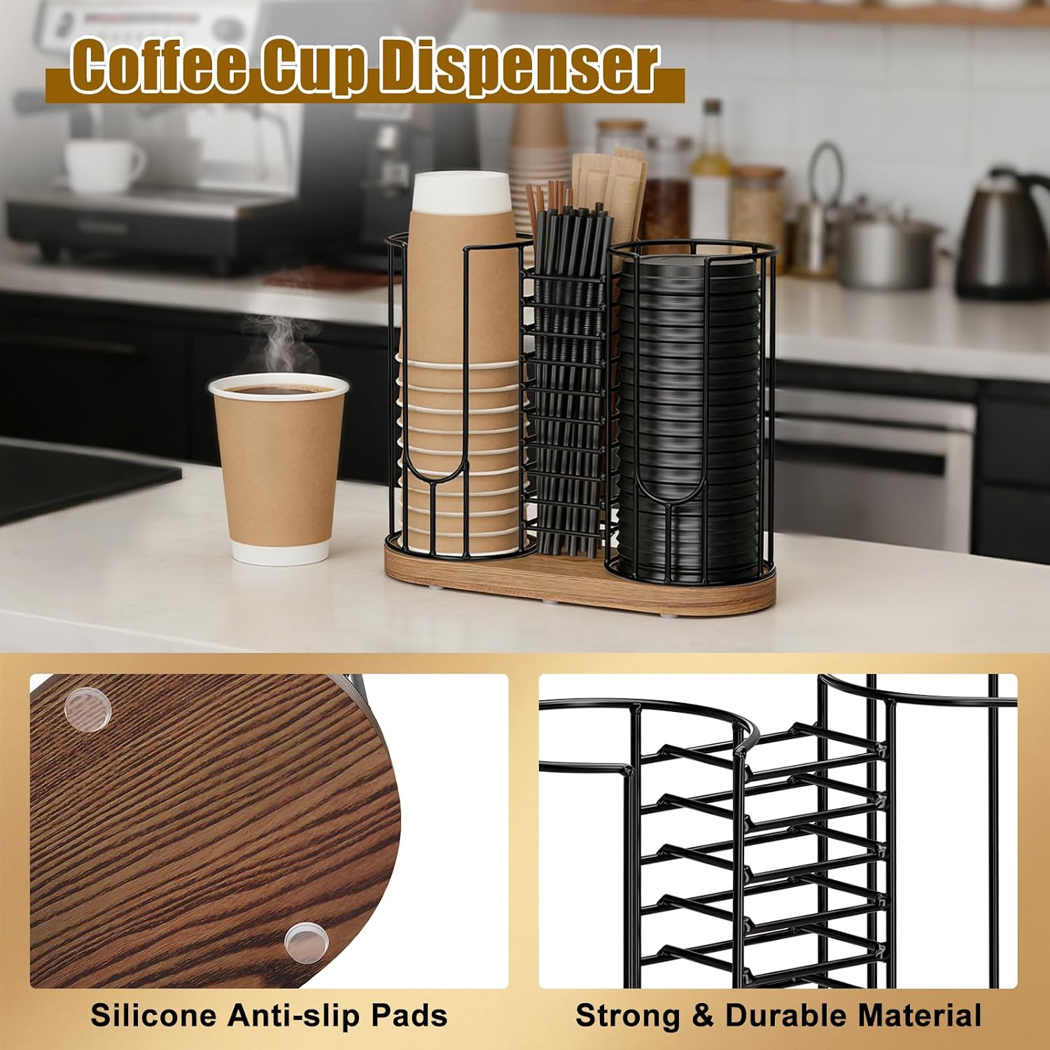 Coffee Cup Dispenser 18oz 3-Compartment Paper Cup and Lids Holder Rack | with Wood Base, Disposable Cups Organizer, 3-in-1 Plastic Straw Lid Storage Holder for Countertop, Coffee Bar, Kitchen,Office