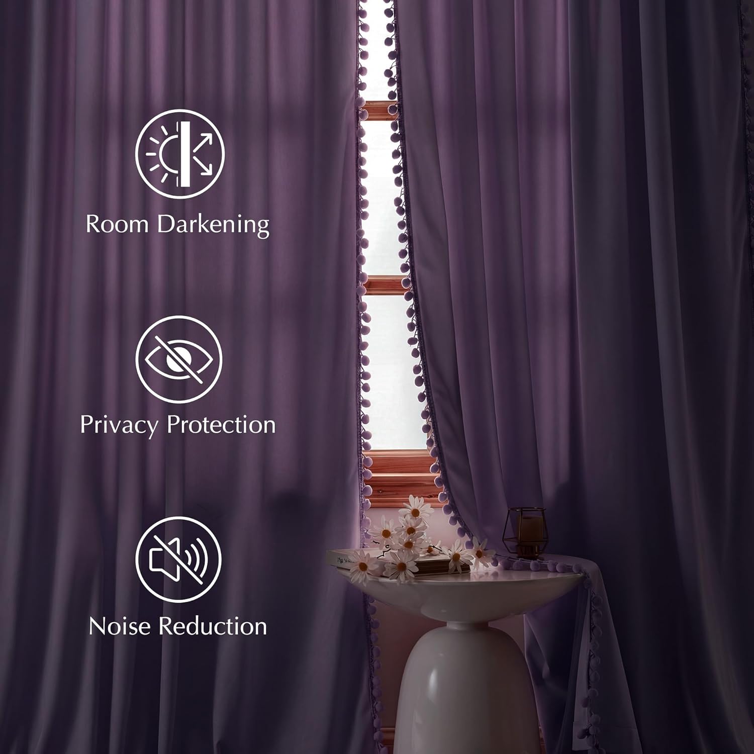 NICETOWN Lilac Purple Pom Pom Velvet Curtains 84 Inch Length for Nursery & Kids Room - Room Darkening Drapes Thermal Insulated Soft Window Treatments Princess Room Decor (2 Panels)