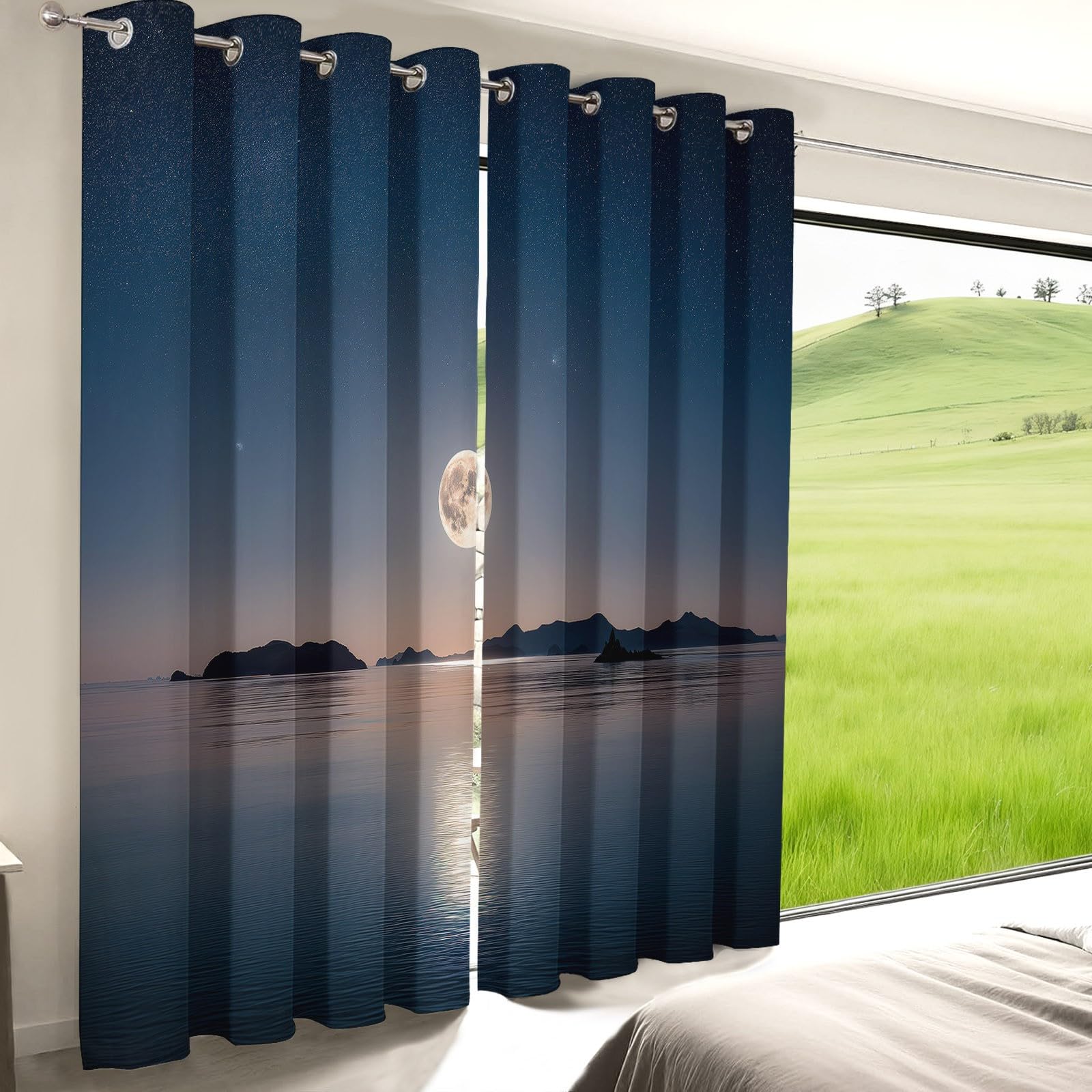 Verdunklungsvorhänge H215 x B110 cm 2er Set, Fotografie ‌Meer‌ Inseln Nachthimmel Vorhang Blickdicht mit Ösen, Vorhänge Wohnzimmer Thermovorhänge Sichtschutz Gardinen für Schlafzimmer, Bunt