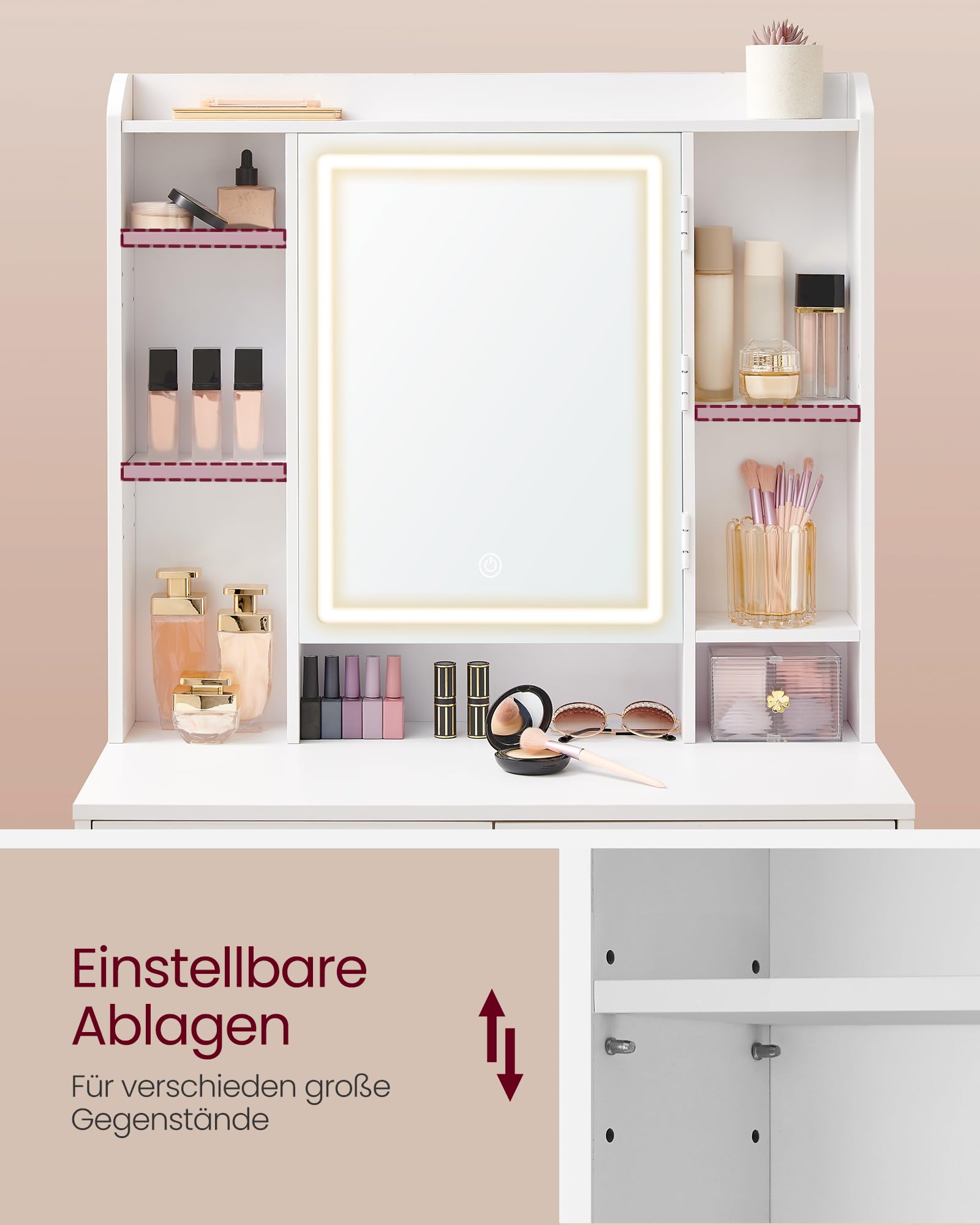 VASAGLE Kailyn Kollektion - Schminktisch mit LED-Beleuchtung, 3 einstellbare Lichtfarben, Frisiertisch mit Spiegel, Schubladen, offene Fächer, mit Hocker, verstellbare Ablagen, wolkenweiß RDT125W01