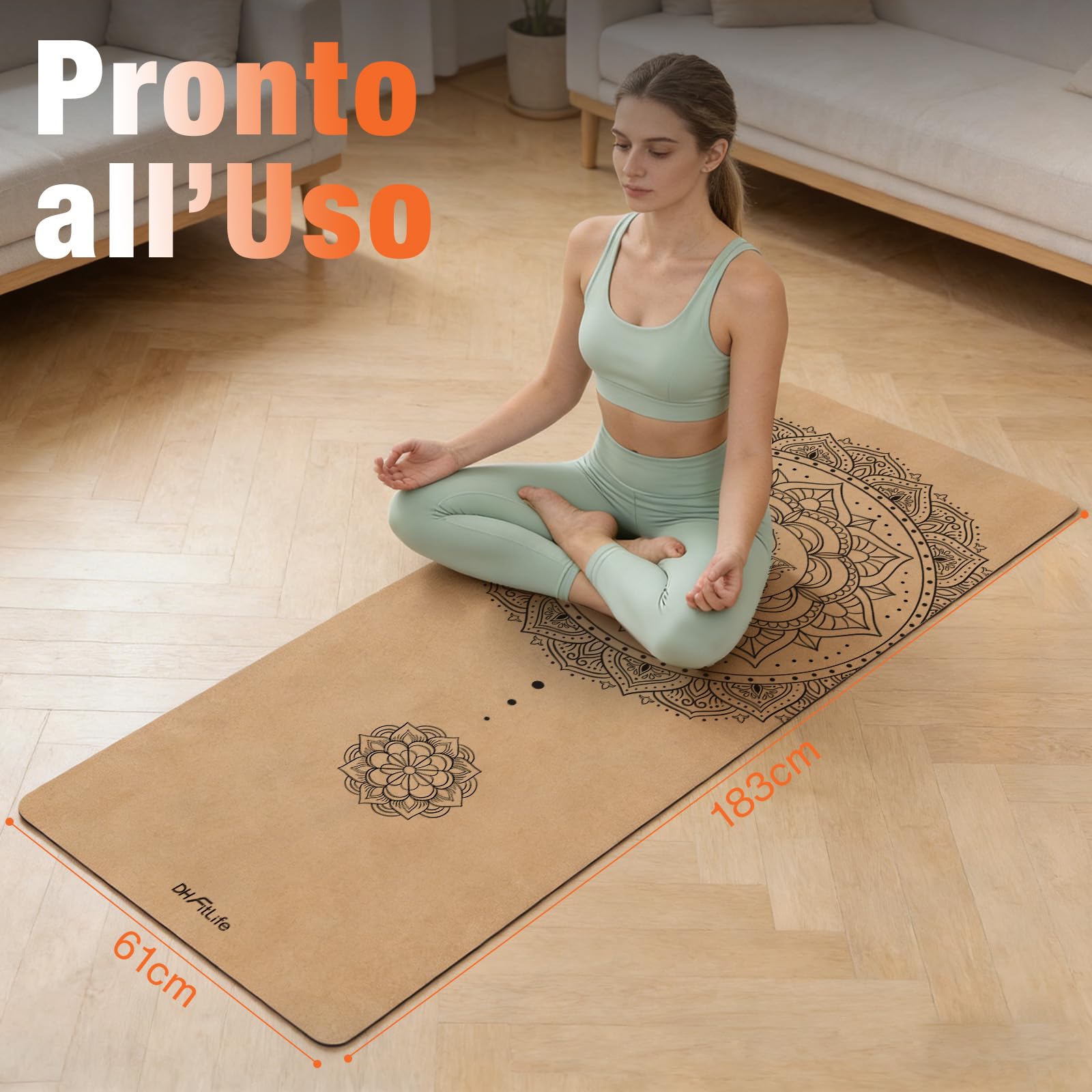 DH FitLife Tappetino Yoga in Sughero Antiscivolo | Pronto all'Uso e Facile da Pulire | Tappetino Fitness, Pilates e Ginnastica per Casa e Allenamento