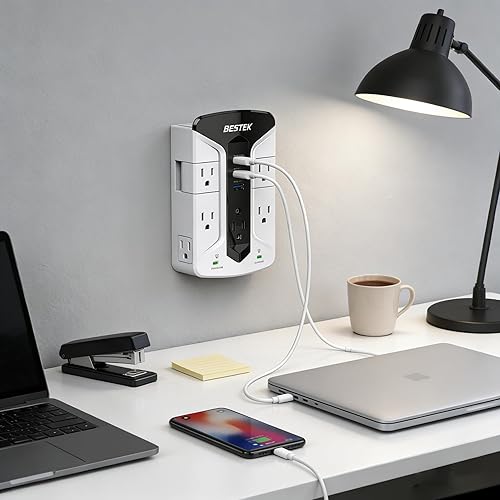 Miniatura 7 de BESTEK Regleta protectora contra sobretensiones de 7 salidas con tomas giratorias, 3 puertos de carga USB, supresión de sobretensiones de 900