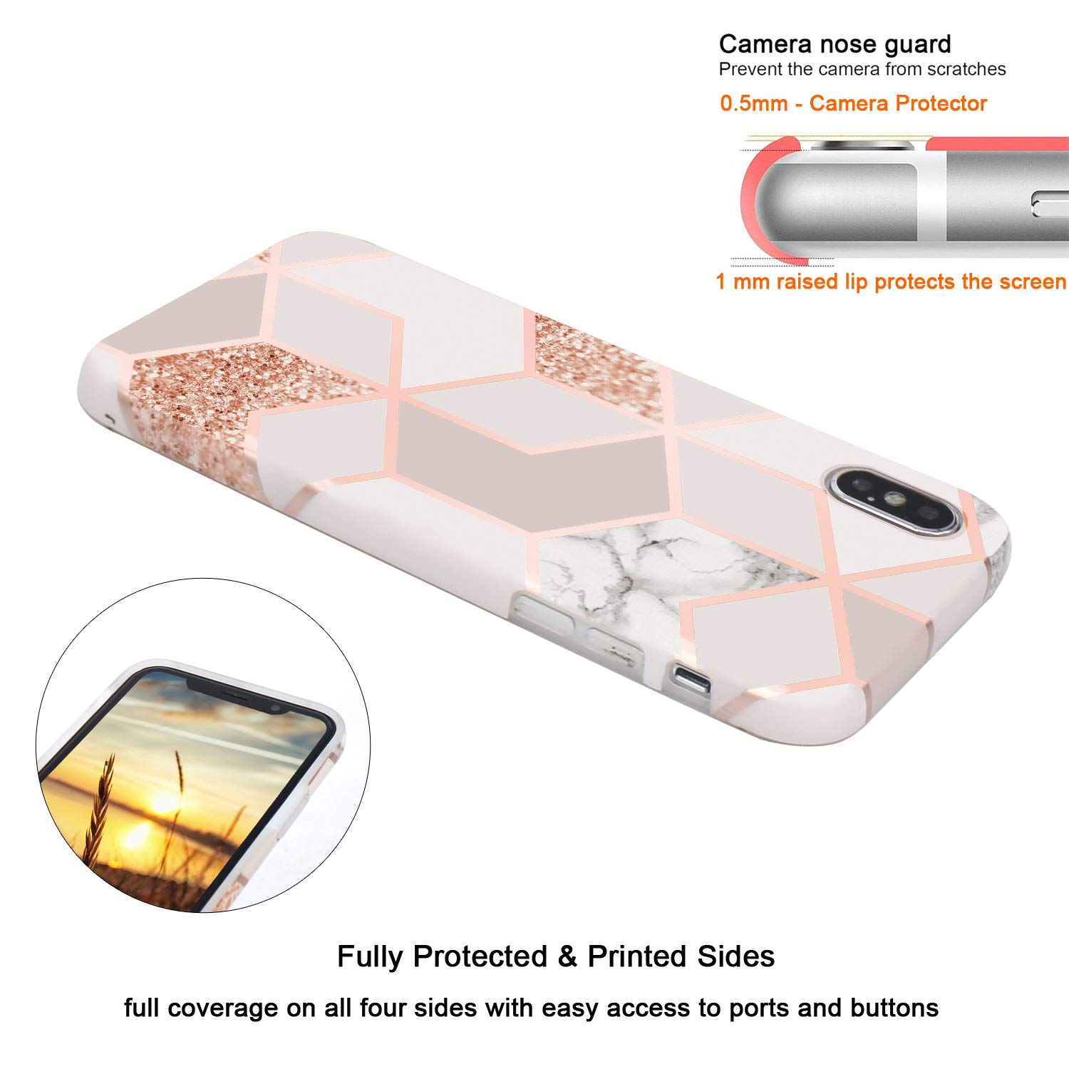 Custodia JAHOLAN Per IPhone X/XS - Effetto Marmo Geometrico Rosa Oro, TPU Trasparente - 5