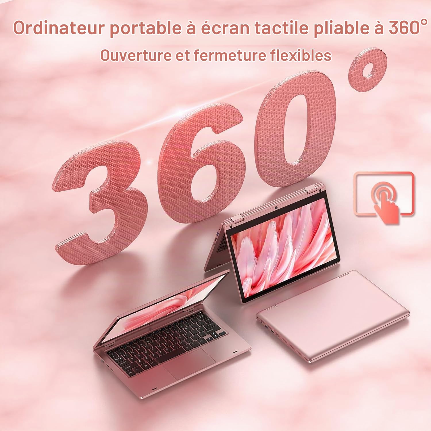 11,6'' Ordinateur Portable Tactile Pliable à 360°, Laptop Celeron N4020, 6Go RAM 128Go SSD, WiFi (2,4G/5G), Bluetooth, 1366 x 768 IPS, Webcam, PC Portable sur Mesure pour Les Professionnels - Rose