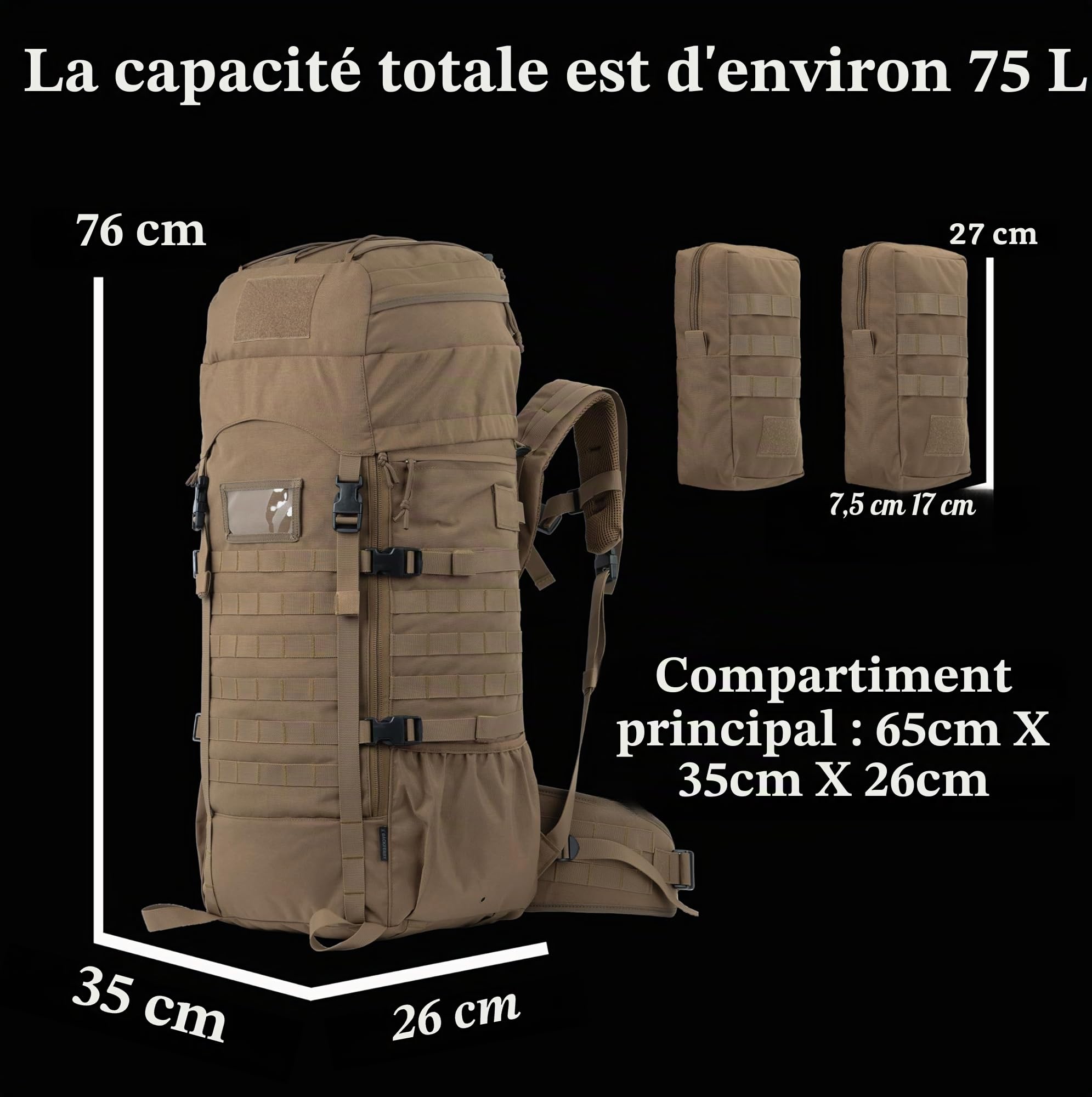 Sac à dos tactique de 75 l avec cadre interne, MOLLE et système d'hydratation pour le camping, la chasse, la randonnée, l'aventure sauvage
