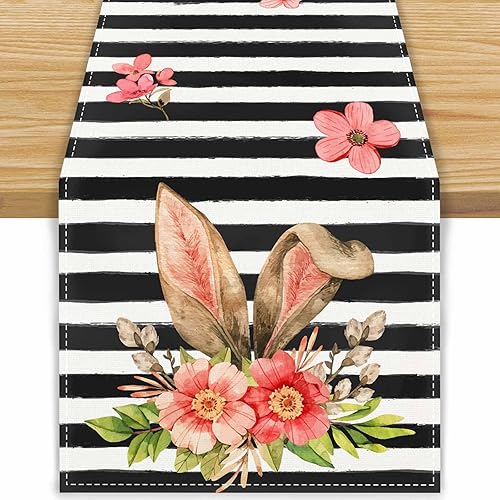 Miniatura 1 de FARMNALL Camino de mesa de Pascua de lino decoración de conejo decoración de rayas de acuarela mantel de Pascua decoración de vacaciones de granja