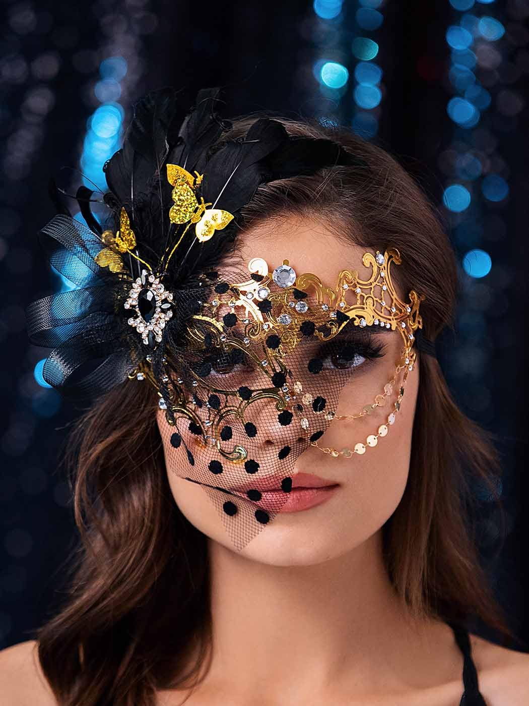 IYOU Women Masquerade Mask Gold Feather Ball Masks Venetian Prom Costume Mardi Gras Half Mask for Women, Black - Image 3