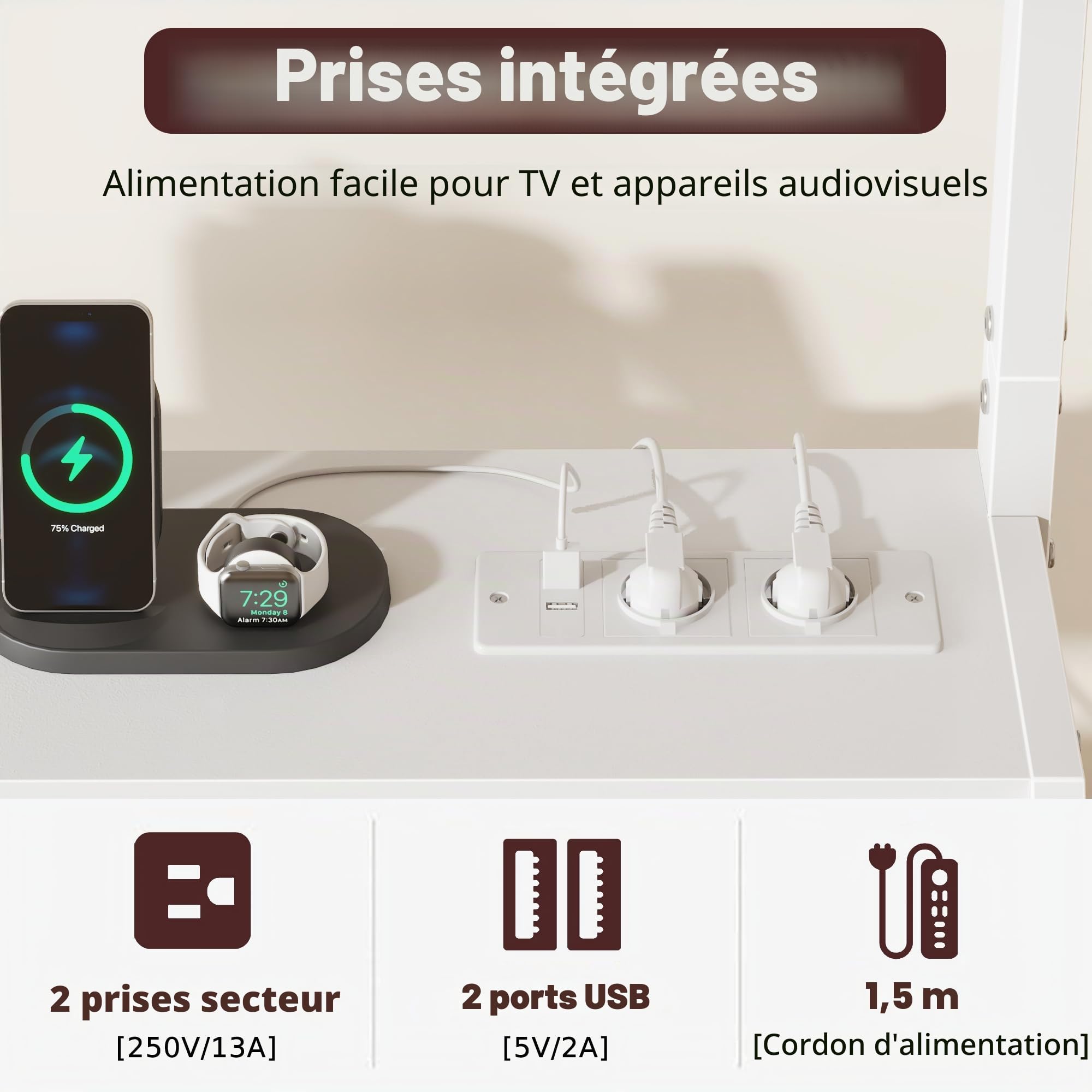 Support TV sur Pied avec roulettes 32-75 Pouces Meuble TV roulettes | Support TV sur roulettes avec LED et Prises Intégrées, Réglable en Hauteur avec 4 Tiroirs, Max VESA 600x400 mm, Blanc