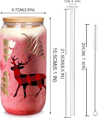 Miniatura 2 de ANOTION Vasos de Navidad, tazas de café de Navidad de 18 onzas, tazas de vidrio con tapa y pajita, vaso colorido para árbol de Navidad, vasos para