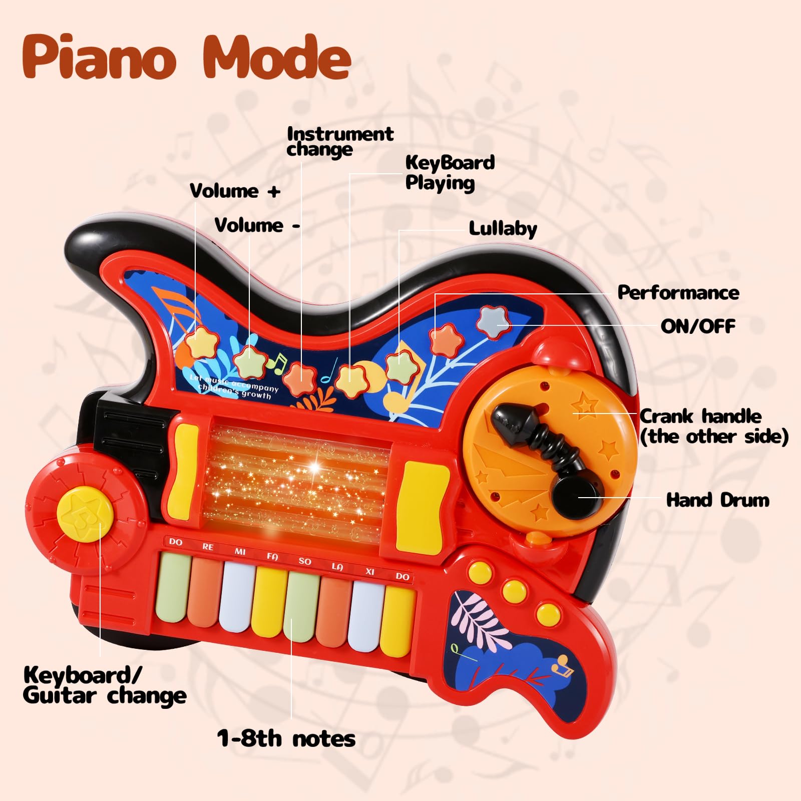 Guitarra para niños, guitarra y piano 4 en 1 para niños de 3 a 5 años con correa para niños de 2 a 4 años con proyector de canción de cuna, juguete de batería para niños de 3, 4, 5 años, regalo para 5