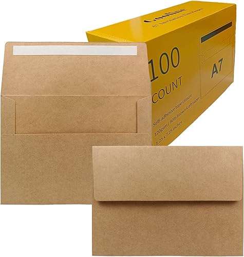Sobres de invitación A7 de papel kraft marrón A7, paquete de 100 sobres de 5.25 x 7.25 pulgadas, autoadhesivos rápidos, para bodas, graduaciones, disponible en Yaxa Peru