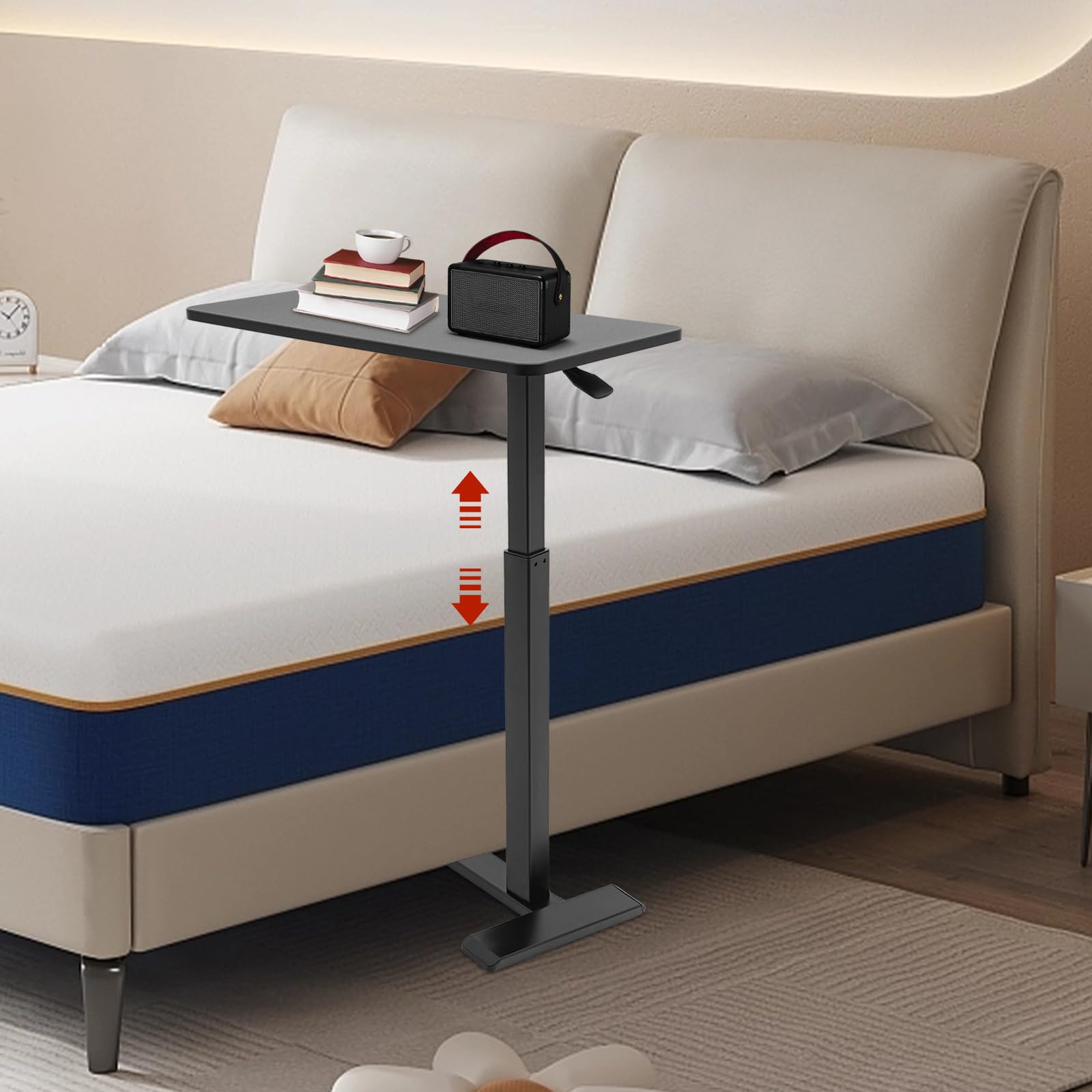 Comodino regolabile, scrivania pneumatica, portatile, regolabile in altezza, mobile con ruote, per ospedale, home office e uso domestico, 68 x 36 x 65 – 102 cm, nero