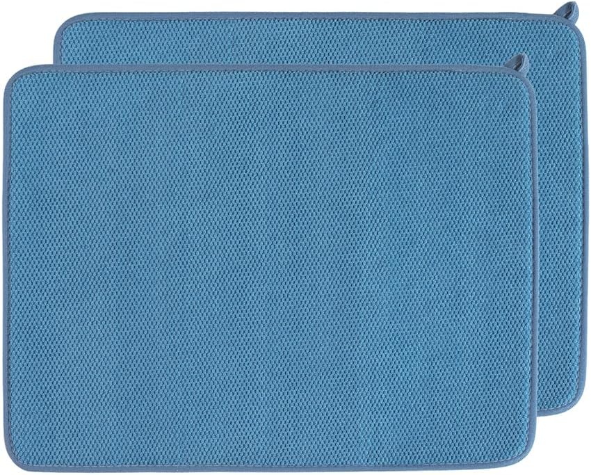 2 Pack Dish Drying Mat Absorbent Microfiber Dish Drainer Mats for Kitchen Counter, 20 x 15 Inch Mats for Drying Dishes, Blue