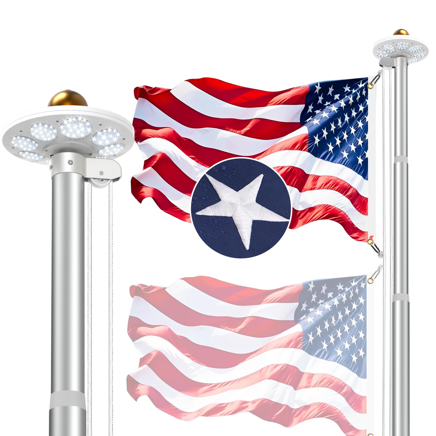 Photo 1 of Bknius 10 Gauge Flagpole Kit 3mm Thick with Light Solar Powered, 120 MPH Heavy Duty Flagpole Hardware for Outside House In Ground Use, Silver 20FT with One 3x5 Flag
